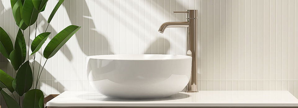 White stone vanity counter, modern bowl washbasin, chrome faucet, banana tree in sunlight, shadow on cream wood wainscot wall. Luxury interior design decoration, beauty, cosmetic, skincare, body care product display background 3D
