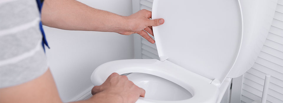 A person fixing a toilet seat
