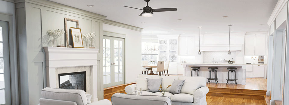 A ceiling fan in a living room