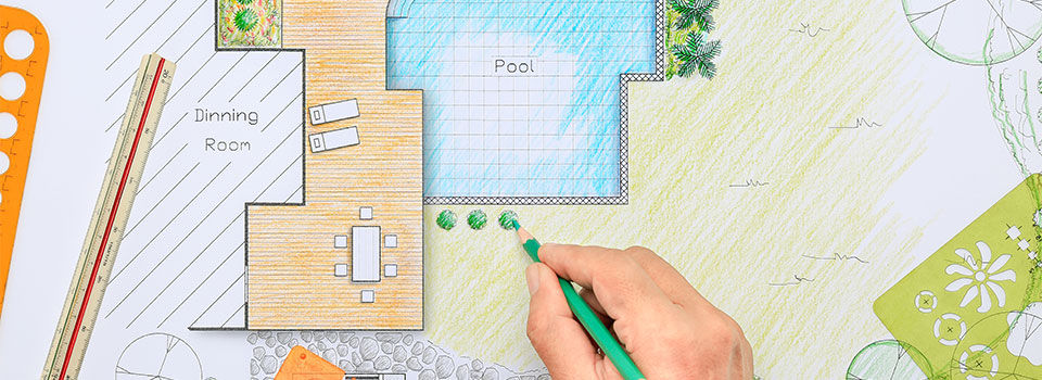 Backyard garden and pool design plan for villa.