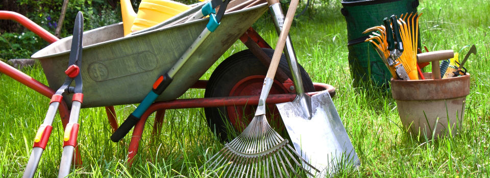 Garden Tools leaning up against a wheelbarrow outside in grass