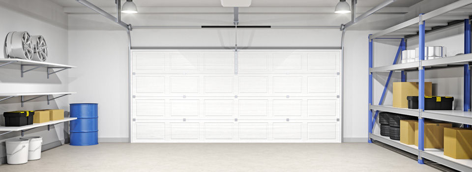 bright clean garage with shelving units
