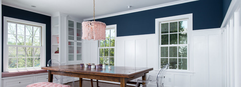White and blue dining room