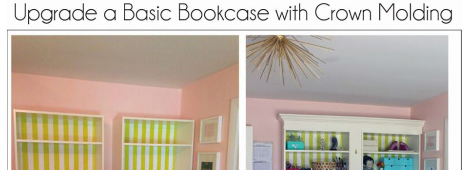 before and after picture of bookcase with crown molding