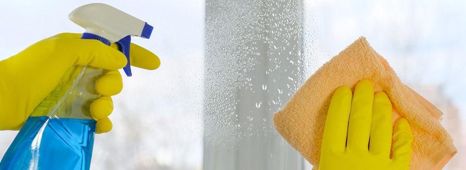 a person cleaning window with a rag and spray bottle