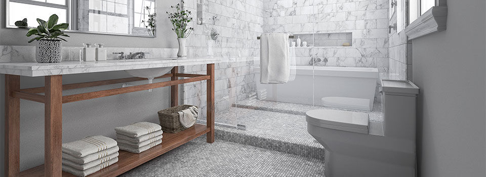 White-tiled bathroom with a stylish wood-legged marble vanity, mirror, sink, and green foliage. The bathroom also features a towel rack, soap dispenser, and modern light fixtures.