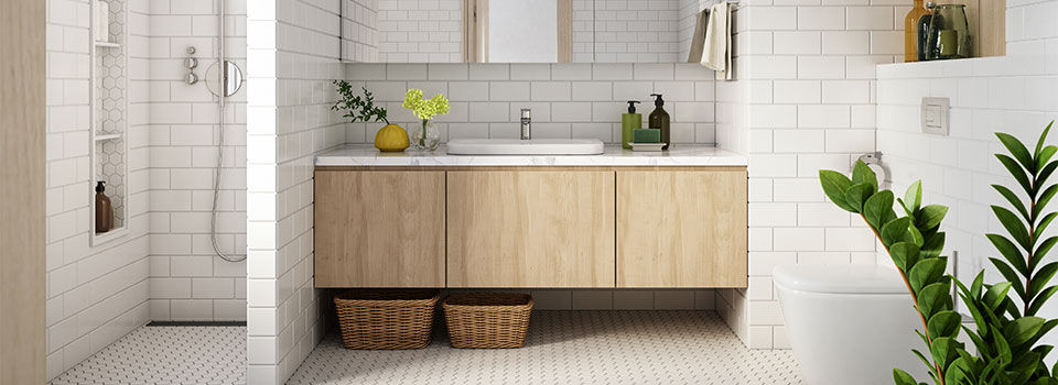 White tiled open concept bathroom