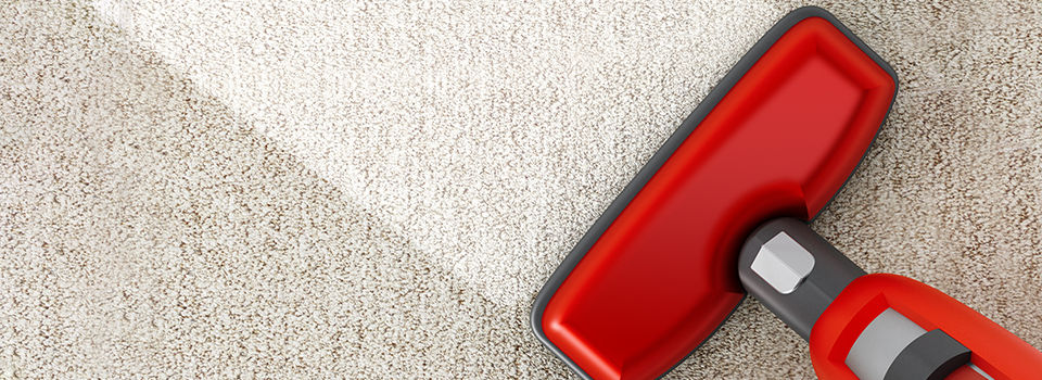 A red carpet cleaner running over a gray carpet leaving a clean white carpet behind