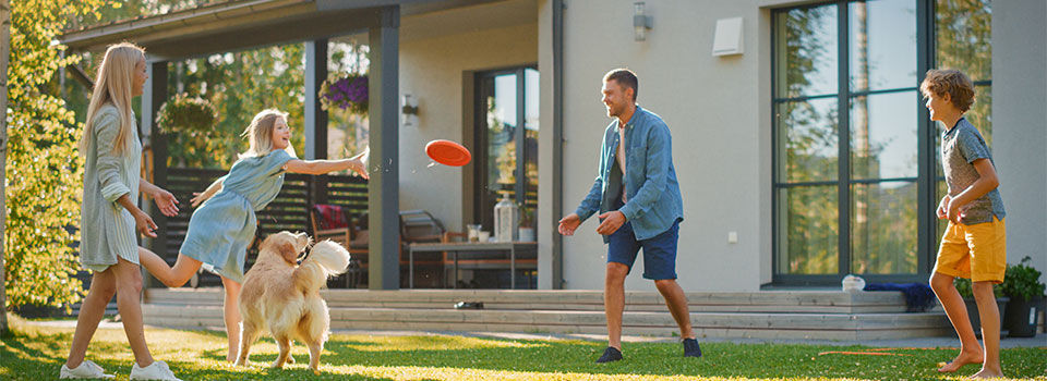 Smiling Beautiful Family of Four Play Fetch flying disc with Happy Golden Retriever Dog on the Backyard Lawn. Idyllic Family Has Fun with Loyal Pedigree Dog Outdoors in Summer House Backyard