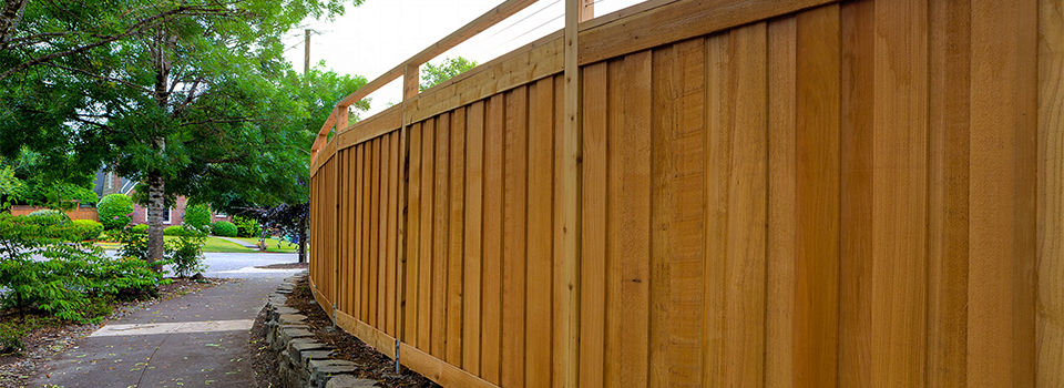 A residential wooden fence that has been recently stained