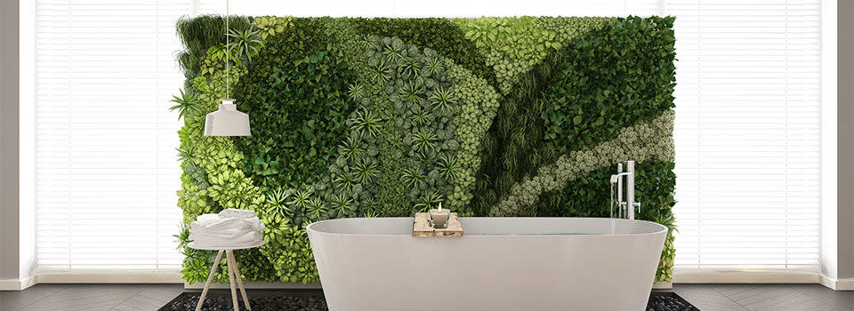 Scandinavian bathroom with vertical garden, white minimalistic interior design