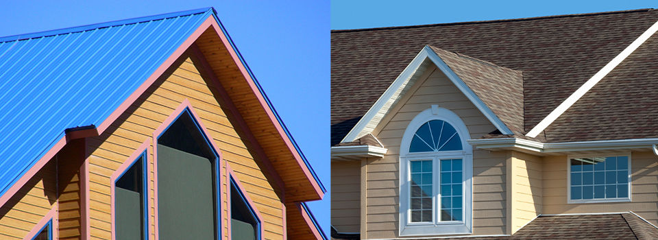 a compiled image of a blue metal roof on a beige house on the left side and a beige and brown shingled roof on the right side of the image