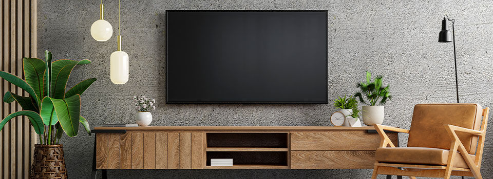 Living room interior have tv cabinet and leather armchair in cement room with concrete wall.