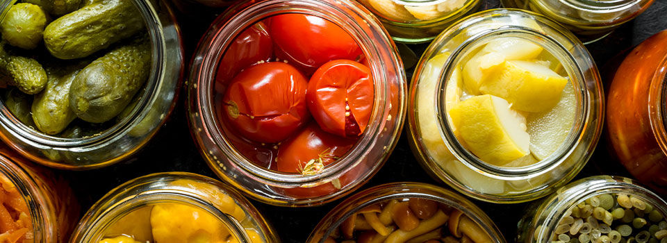 Preserved vegetables in glass jars