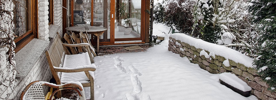 A patio covered with snow 