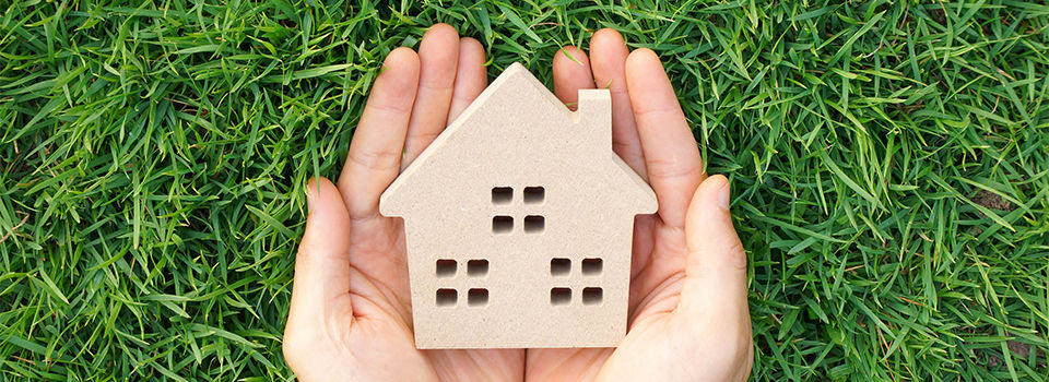 Person holding a small cardboard cut out of a house in their hands with grass in the background