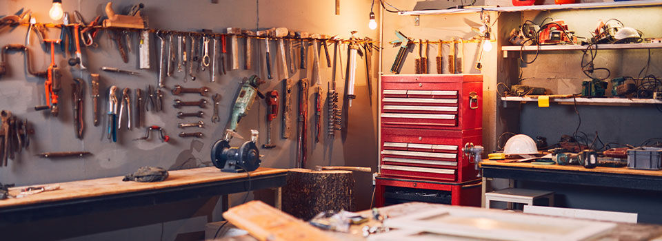 Image of a workshop with lots of tools and plenty of storage