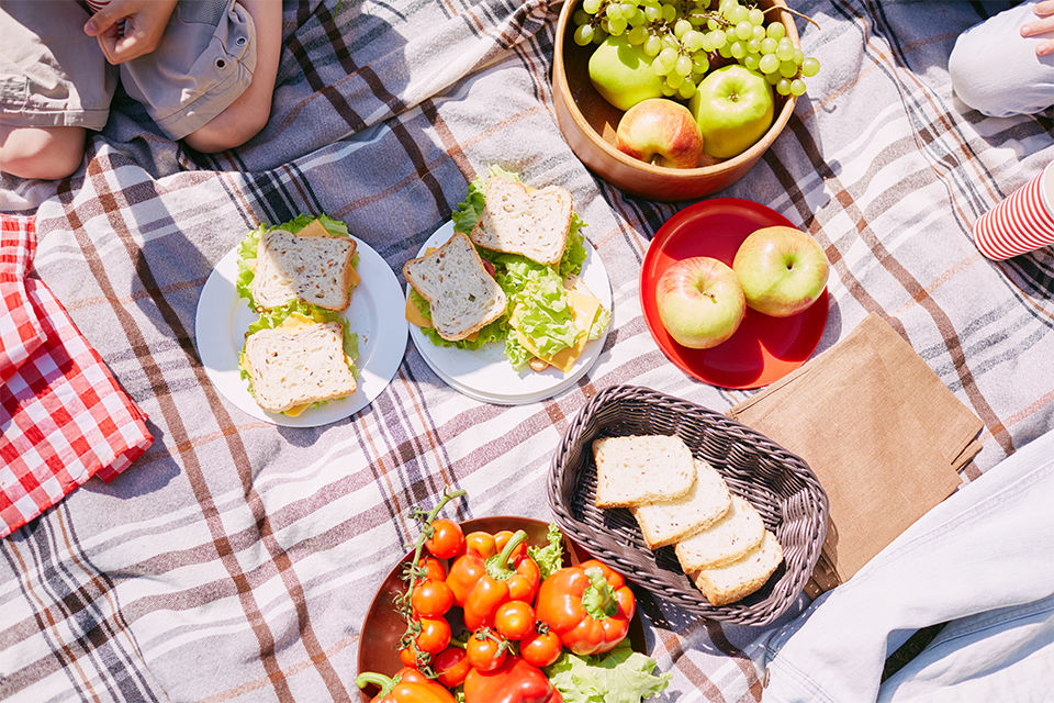 A lovely picnic set up, with a variety of spreads, sanwiches, fruits and vegetables. 