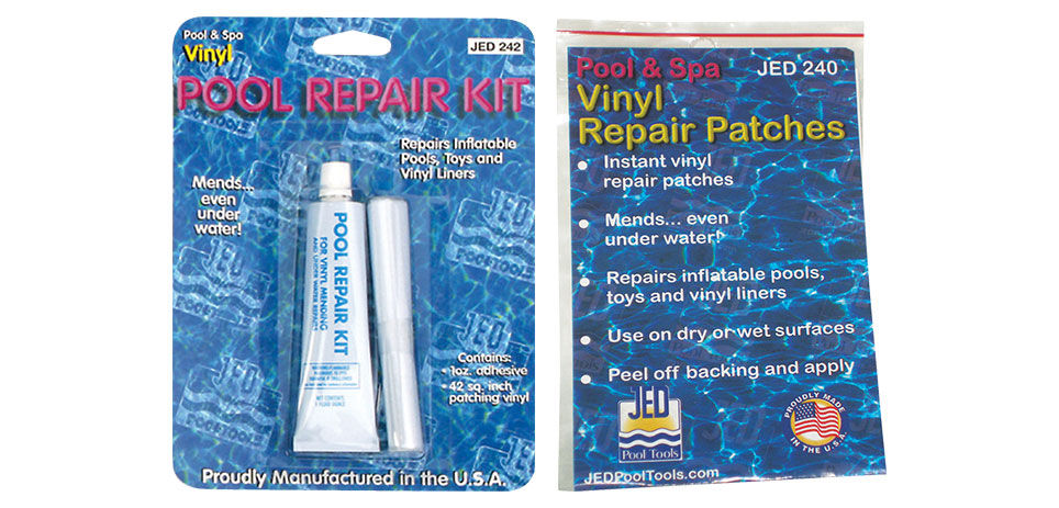 Two pool repair products are shown on blue cards. One is a small white tub containing pool repair epoxy. The package reads “Pool Repair Kit” in red lettering. The other is a set of “Vinyl Repair Patches” to cover any damage in the pool.