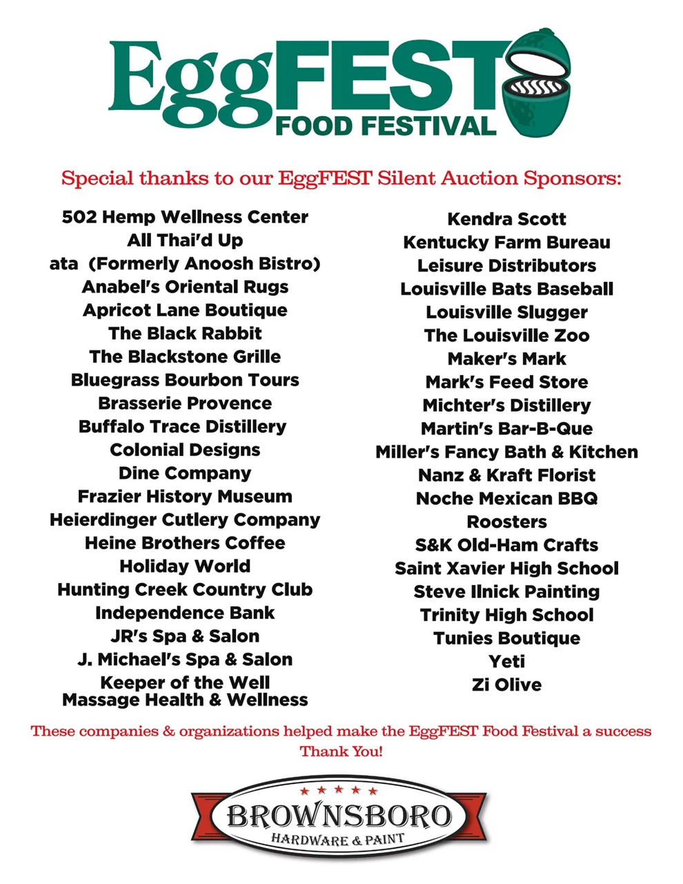 EggFest Food Festival List of Silent Auction Sponsors