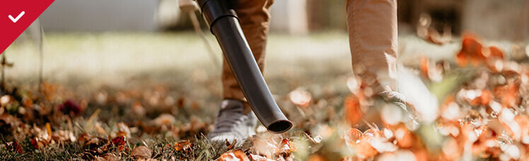 A person in tan pants and gray sneakers uses a leaf blower to clear fallen autumn leaves from a grassy lawn.