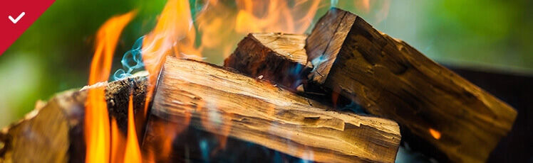 A close-up shot of several split wooden logs burning in a fire with bright orange flames and wisps of blue smoke.