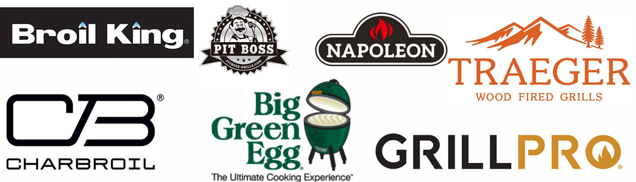 Logos of the different brand of grill we sell at Jenks. (Big Green Egg, Napoleon, Traeger, GrillPro, Broil King, Charbroil, & Pit Boss)