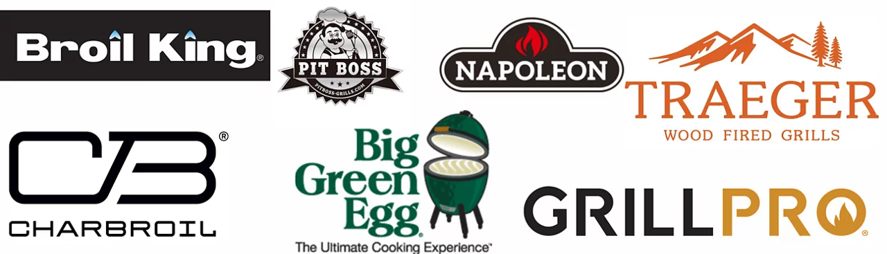 Logos of the different brand of grill we sell at Jenks. (Big Green Egg, Napoleon, Traeger, GrillPro, Broil King, Charbroil, & Pit Boss)