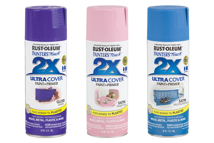 Purple, pink, and blue Rust-Oleum spray paints