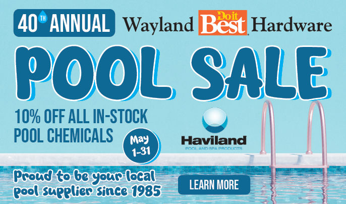 40th Annual Pool Sale. 10% off all in-stock pool chemicals. May 1-31. Proud to be your local pool supplier since 1982.
