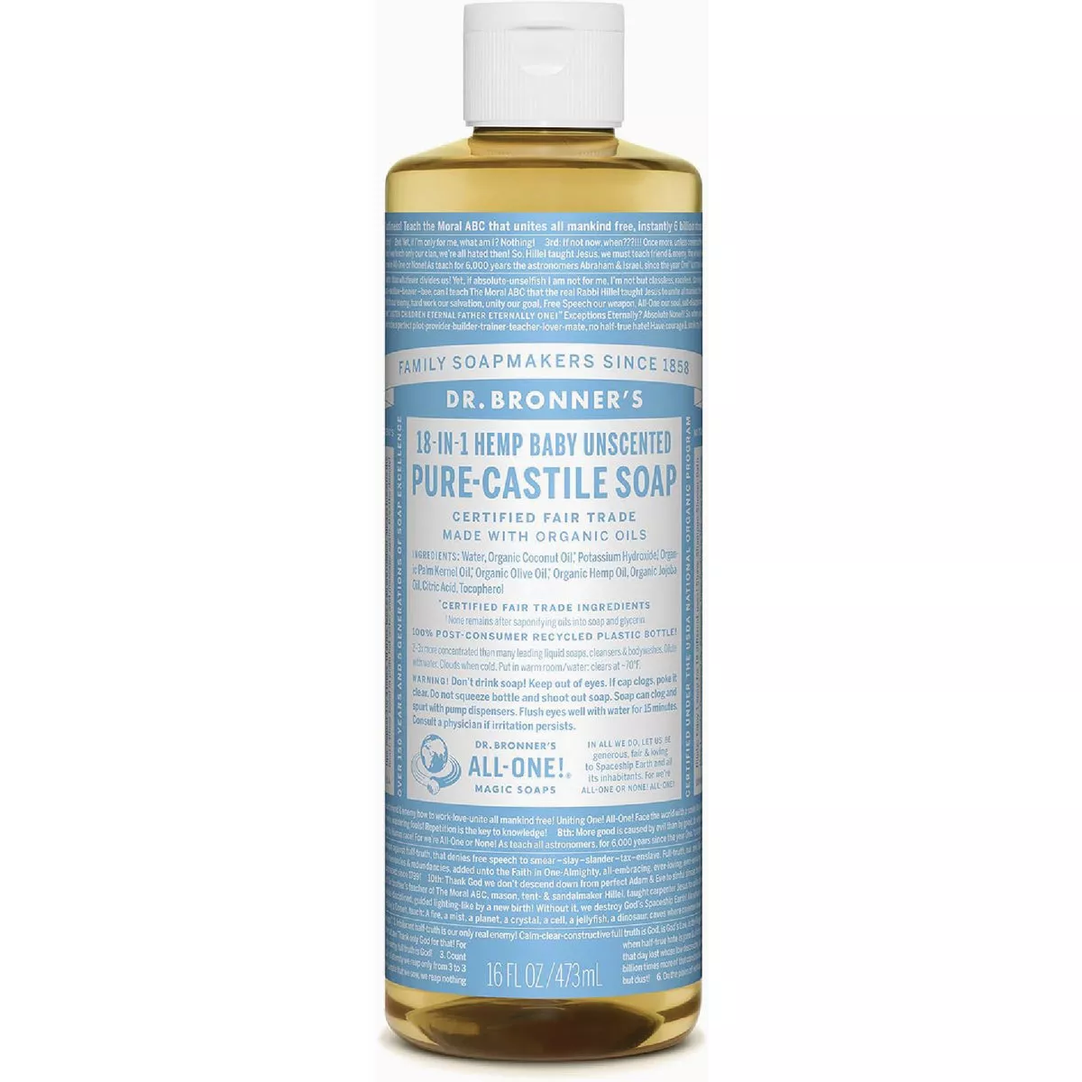 Dr. Bronner's 18-in-1 Hemp Baby Unscented Pure-Castile Liquid Soap, 16 Oz.