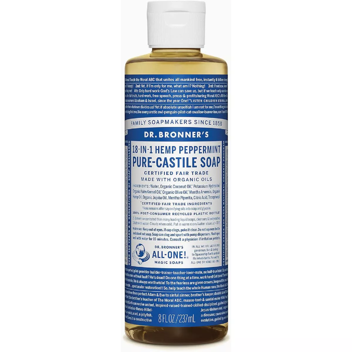 Dr. Bronner's 18-in-1 Hemp Peppermint Pure-Castile Liquid Soap, 8 Oz.