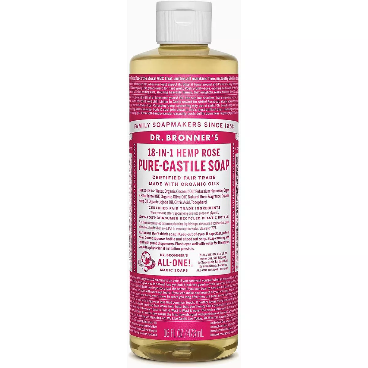 Dr. Bronner's 18-in-1 Hemp Rose Pure-Castile Liquid Soap, 16 Oz.