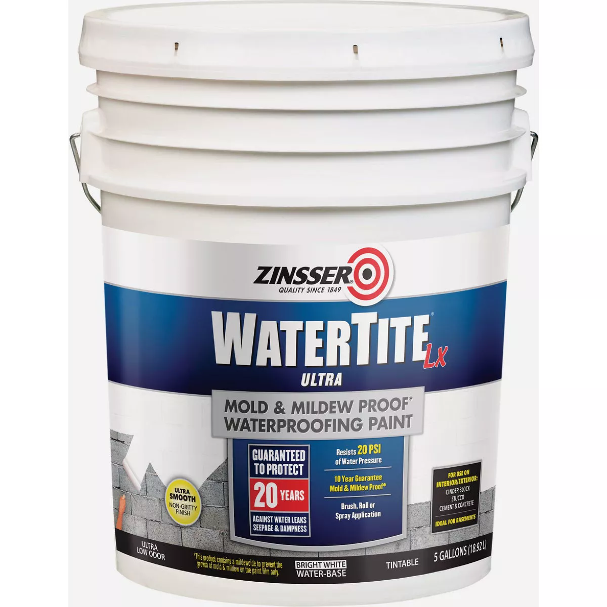 Zinsser WaterTite LX Ultra Bright White Mold and Mildew-Proof Waterproofing Paint, 5 Gal.