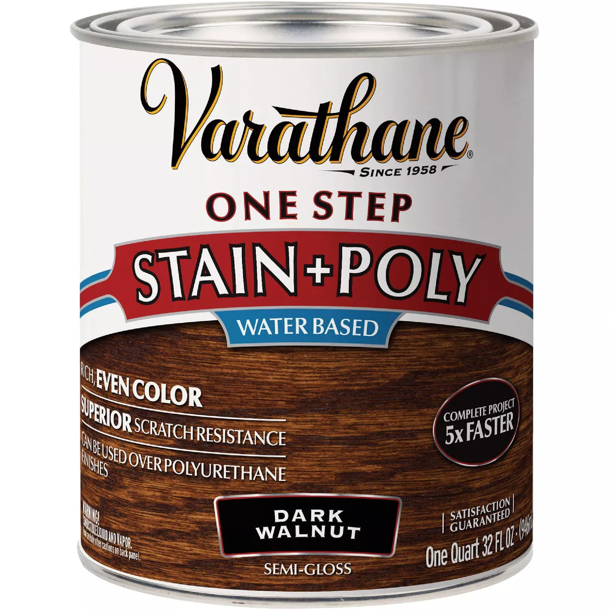 Varathane Semi-Gloss Dark Walnut One Step Water-Based Interior Wood Stain and Polyurethane, 1 Qt.