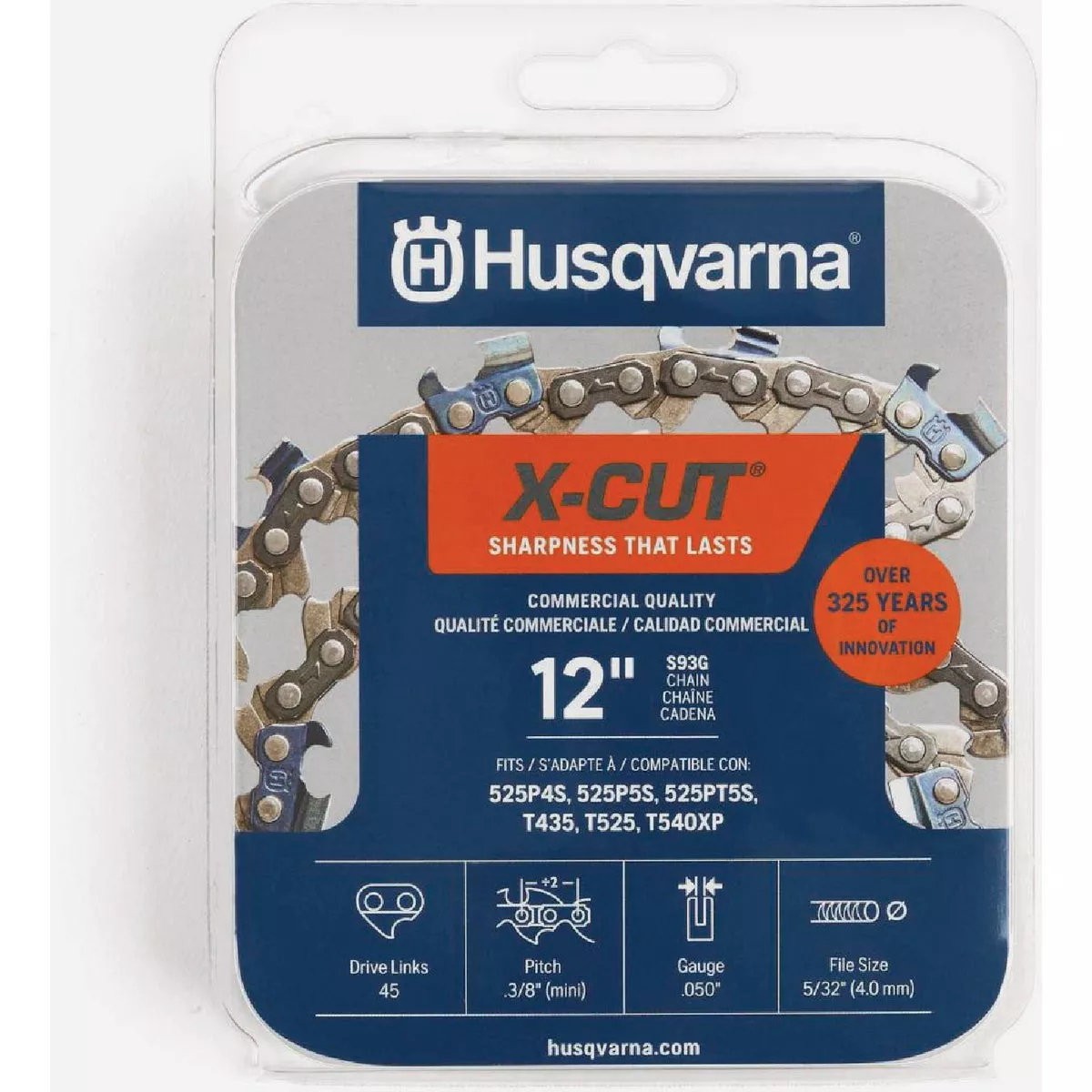 Husqvarna X-Cut S93G 12 In. 3/8 In. Mini Pitch 0.050 In. Gauge 45 Drive Links Chainsaw Chain