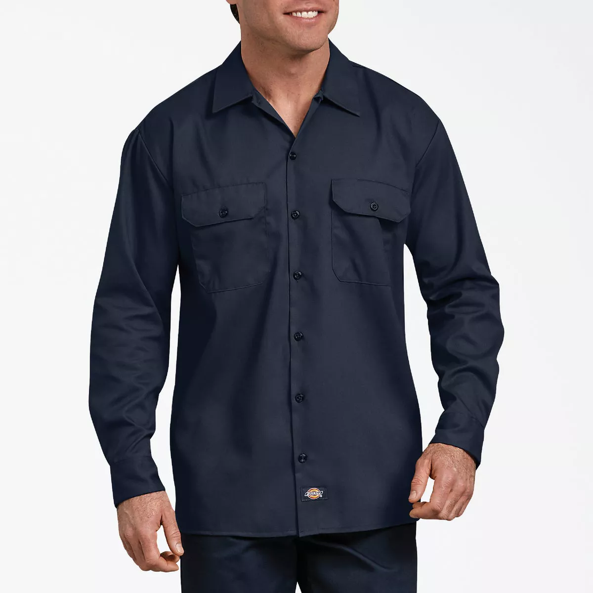 Dickies Men's Medium Dark Navy Long Sleeve Button-Down Work Shirt, Relaxed Fit