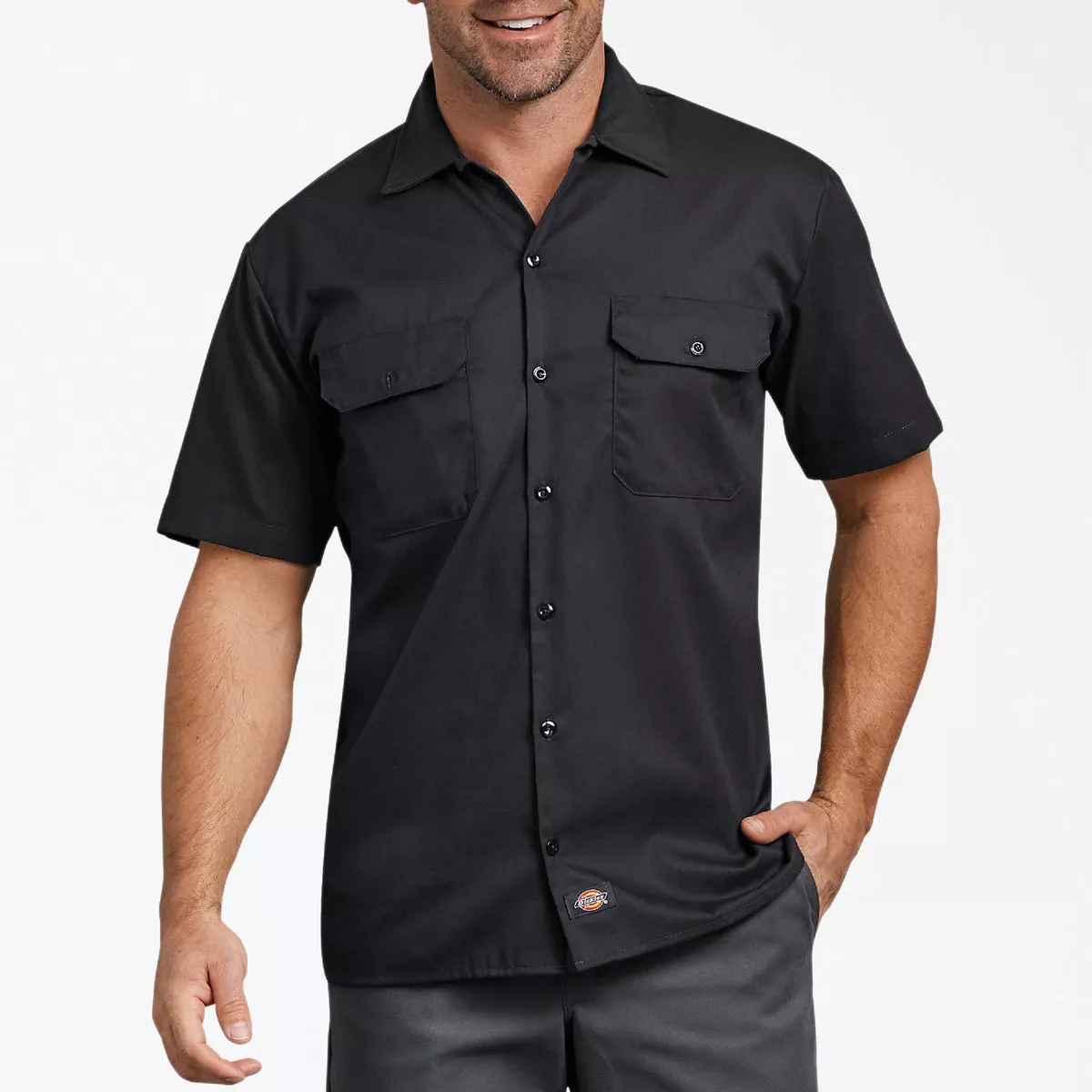 Dickies Men's Medium Black Short Sleeve Button-Down Work Shirt, Relaxed Fit