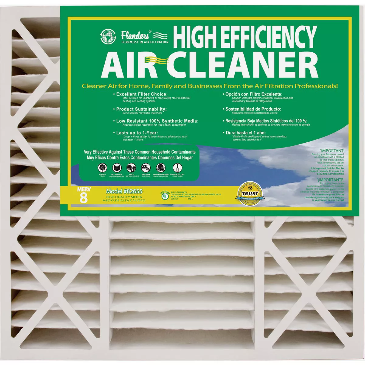 AAF Flanders NaturalAire 16 In. x 25 In. x 5 In. Air Cleaner/Choice Allergen Merv 8 Pleated Air Filter