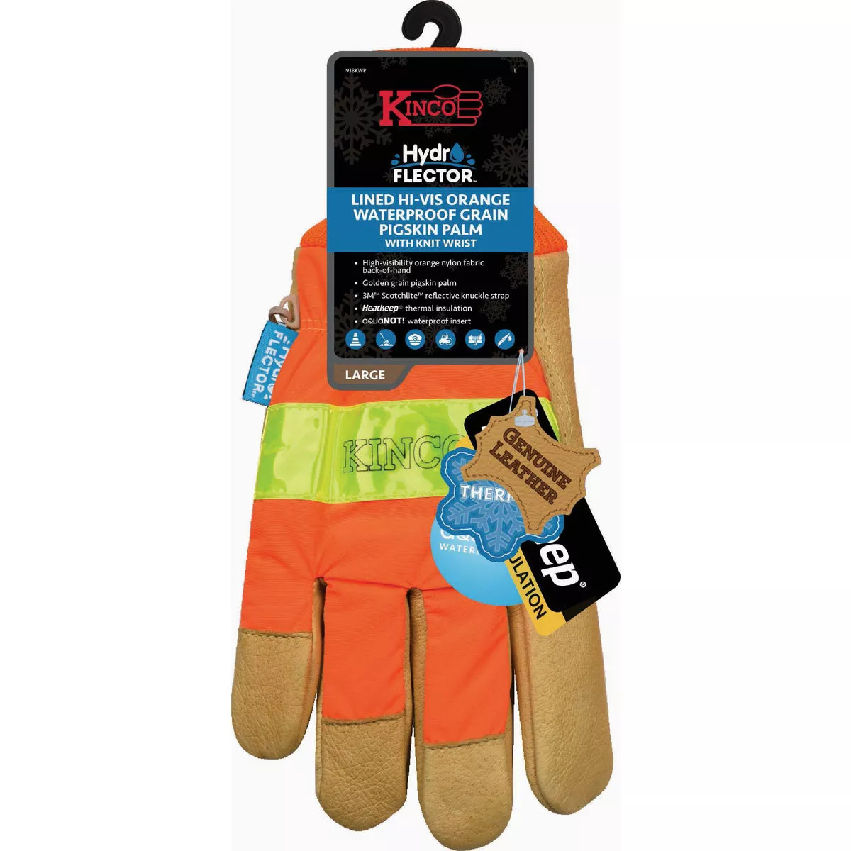 Kinco Men's Large HydroFlector Lined Hi-Vis Orange Waterproof Grain Pigskin Palm Glove with Knit Wrist