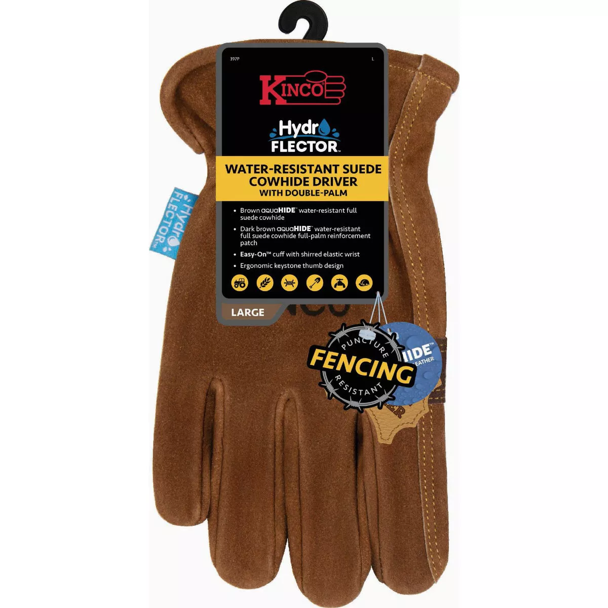 Kinco HydroFlector Men's Large Water-Resistant Suede Cowhide Driver Glove with Double-Palm
