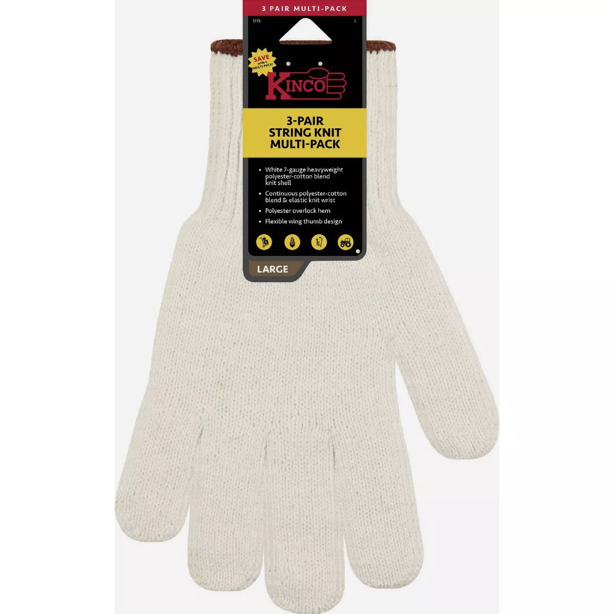 Kinco Men's Medium String Knit Glove (3-Pack)