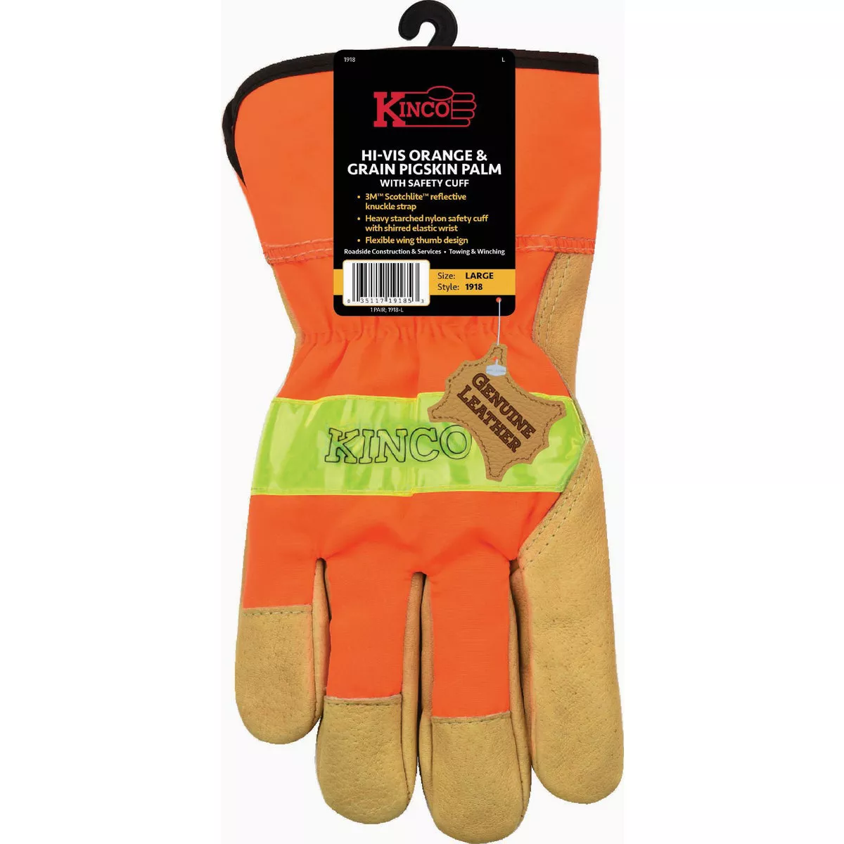Kinco Men's XL Hi-Vis Orange & Grain Pigskin Palm Glove with Safety Cuff