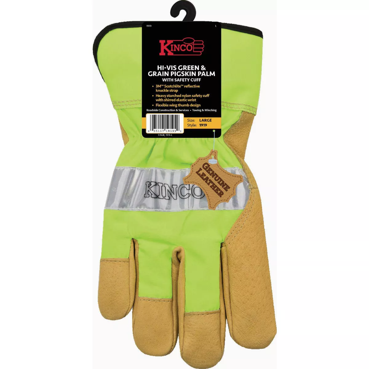 Kinco Men's Medium Hi-Vis Green & Grain Pigskin Palm Glove with Safety Cuff