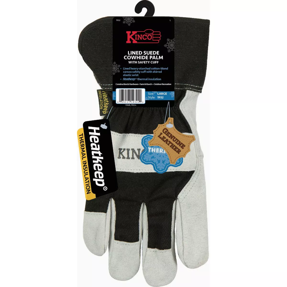 Kinco Men's Large Lined Suede Cowhide Palm Glove with Safety Cuff