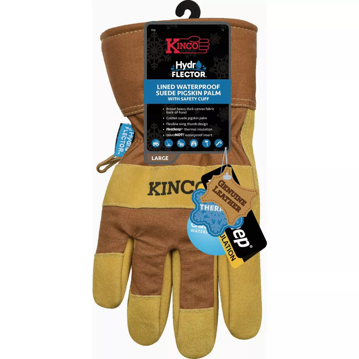 Kinco HydroFlector Men's Medium Lined Waterproof Suede Pigskin Palm Glove with Safety Cuff