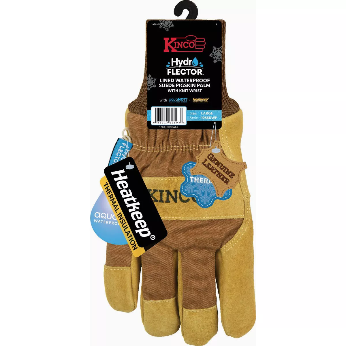 Kinco HydroFlector Men's Medium Lined Waterproof Suede Pigskin Palm Glove with Knit Wrist