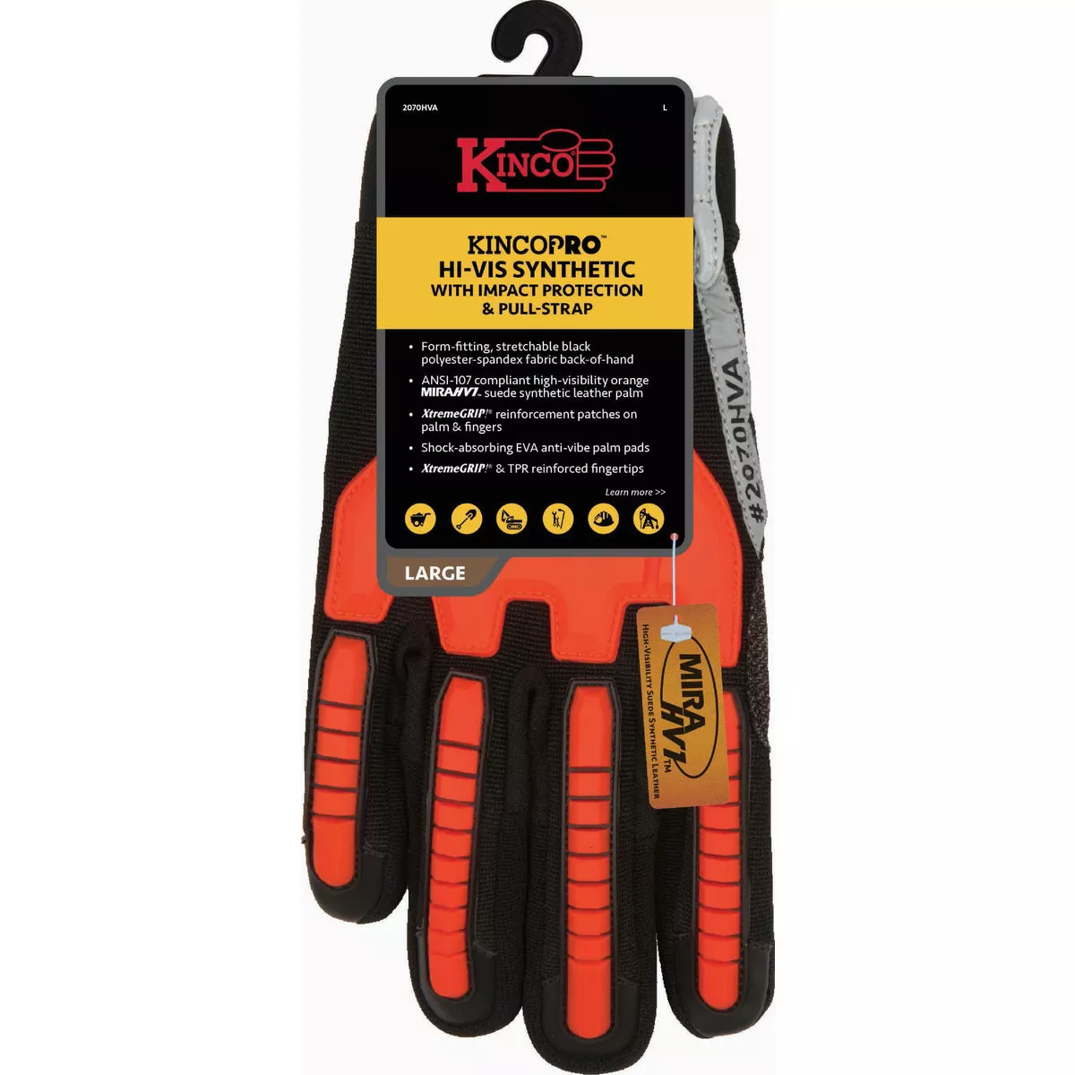 KincoPro Men's Large Hi-Vis Synthetic Glove with Impact Protection & Pull-Strap
