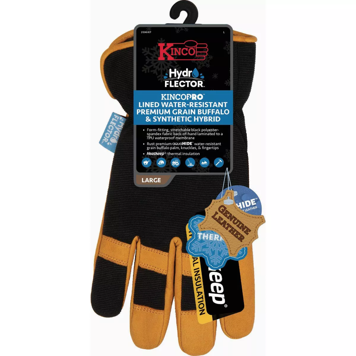 KincoPro HydroFlector Men's XL Lined Water-Resistant Premium Grain Buffalo & Synthetic Hybrid Glove