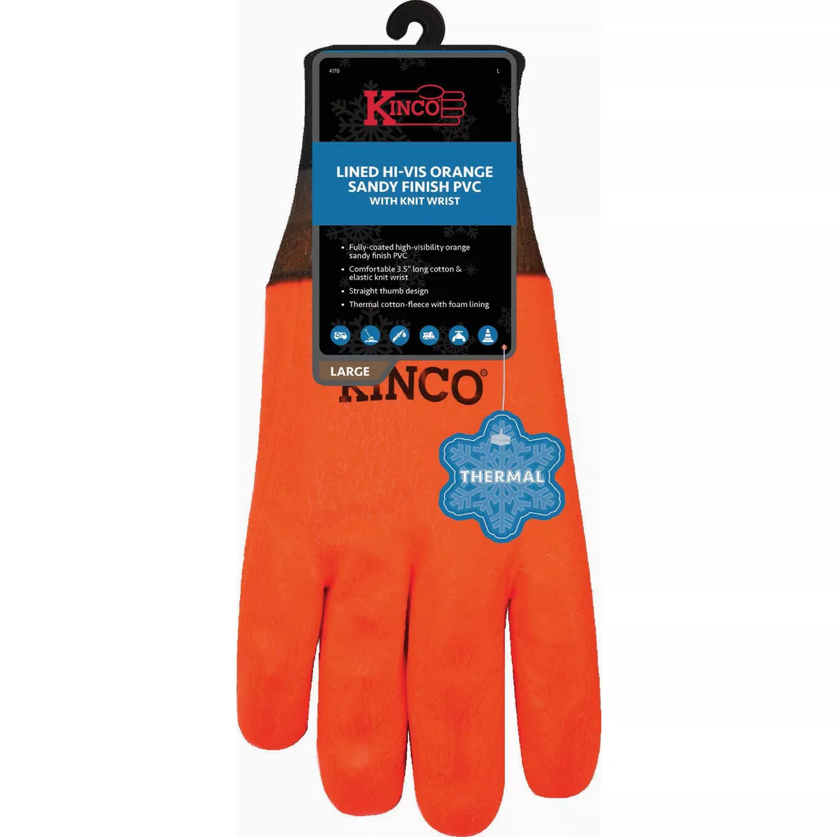 Kinco Men's Large Lined Hi-Vis Orange Sandy Finish PVC Glove with Knit Wrist